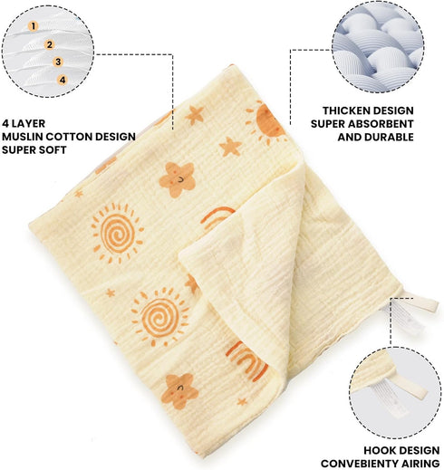 TDHD 5pcs 100% Four-Layer Cotton Soft Towels - Absorbent Feeding & Drool Bibs with Cute Patterns, | Beige | Children's
