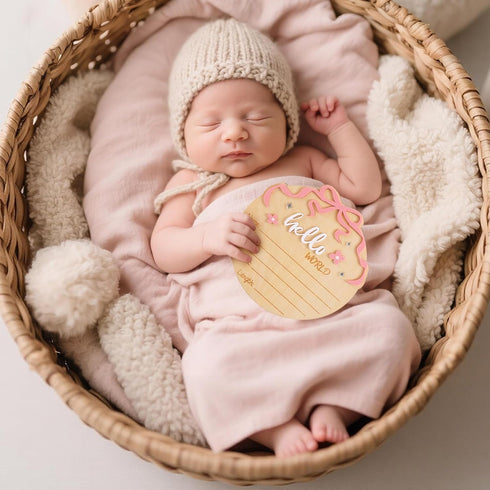 Penitue Hello World Newborn Name Sign, Wooden Pink Bow and Flower Baby Birth Announcement Board Newborn Welcome Sign