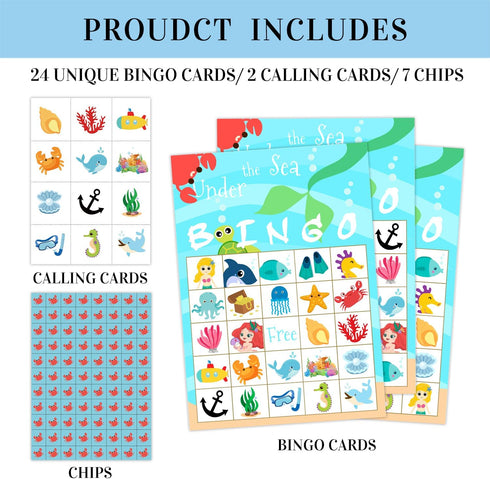 Under The Sea Party Bingo Game, 24 Player Ocean Animal Bingo Cards Set for Family Friend Activity, Mermaid Party Favor Decoration Holiday Supplies -a06