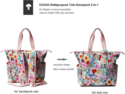 ESVAN Totepack Backpack 2 1 Diaper Tote Bag in for Women Multifunctional Large Capacity with Insulated Pockets Travel |