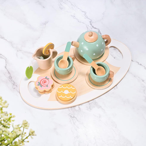 MONT PLEASANT 15pcs Wooden Tea Set for Little Girls, Toddler Play Kitchen Accessories, Play Food Playset for Kids Tea