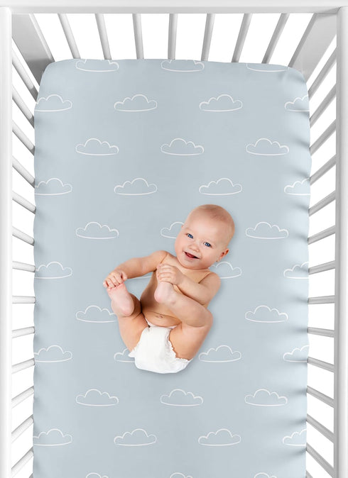 Sweet Jojo Designs Fitted Baby Crib Sheets (Clouds Print) for Boys, Infant Nursery, Toddler Room - Standard Size (Blue