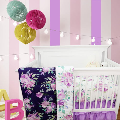 4 Set TANOFAR Piece Crib Bedding for Girls, Purple Flower Quilt, Crib Skirt, Diaper Stacker, Soft Microfiber Comforter
