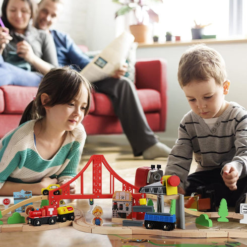 TOY Life 80pcs Wooden Train Set - Fits Thomas Brio Melisa Chugginton, Toddler Boy Toy Train Set, 3+