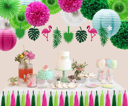 ADLKGG Tropical Flamingo Palm Leaf Banner, Party Decorations with Hanging Paper Fans, Lanterns, and Tissue Tassels