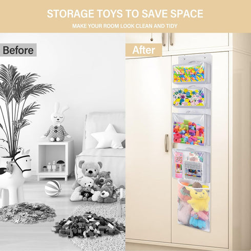 Hanging Toy Storage over Door, Block Stuffed Animal Organizer with 4 Removable Case Bags, Mesh Pocket Holder