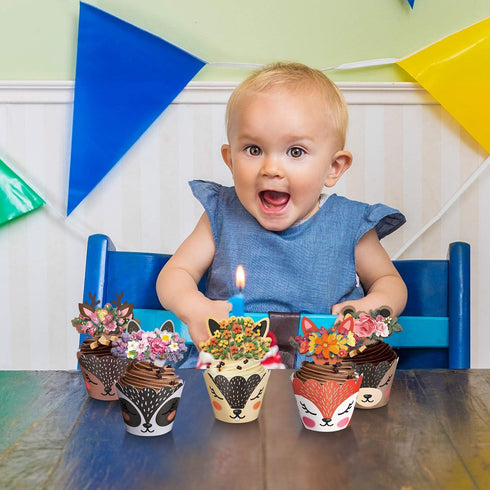 60 Woodland Cupcake Wrappers & Toppers, Deer Cupcake Liners for Wild One Birthday Party Decorations