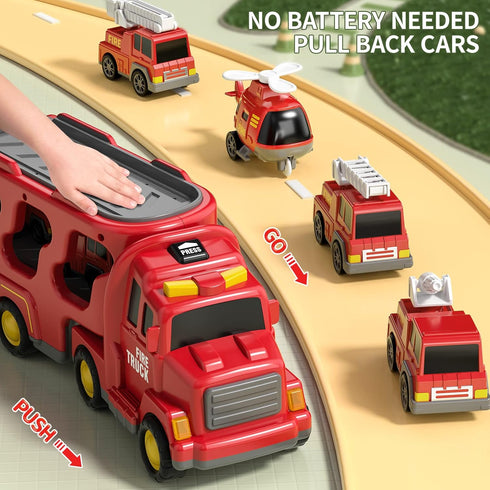 TEMI Fire Toys for 3-6 Years Old - 5 in 1 Carrier Truck Transport for Toddlers 1-3, Friction Power Vehicles