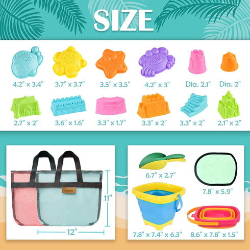 2 Set Collapsible Beach Sand Toys for Kids - Travel Beach Toys with Collapsible Beach Buckets, Mesh Bags, Sand Castle