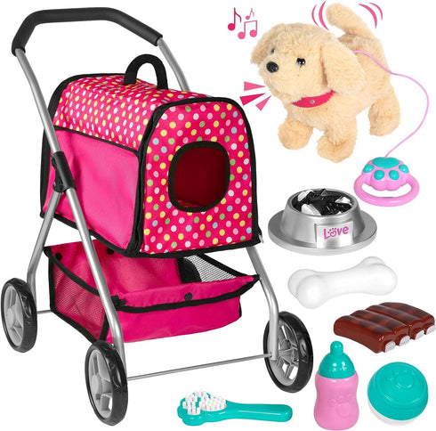 Puppy Doll Stroller - Remote Control Electronic Plush Puppy Dog Toy - Singing, Walking, Barking, Tail Wagging for Kids