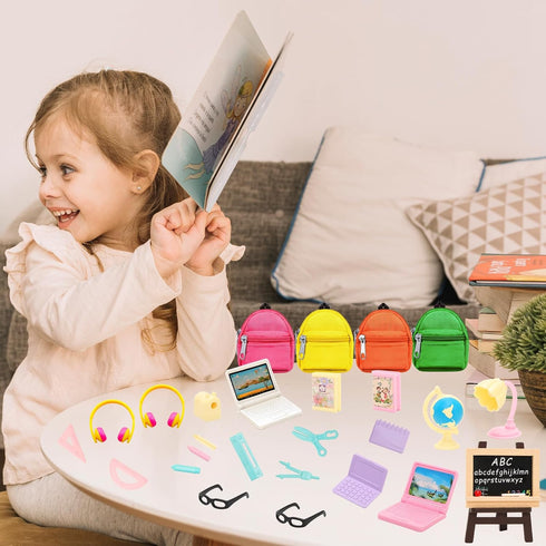 ENOCHT 27 Pcs Doll School Accessories, 4 Doll Backpacks with Zipper, Computers, Glasses, Study Accessories