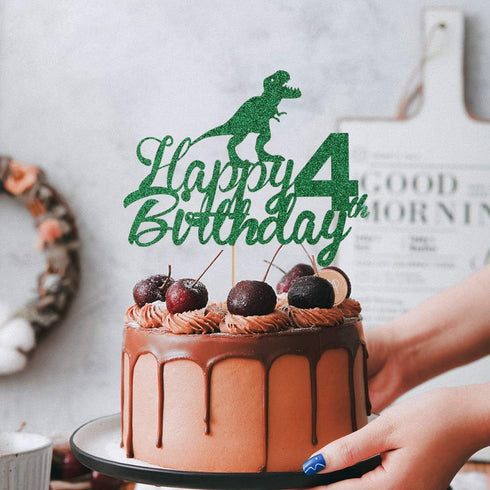 Anxdh Dinosaur Cake Topper for 4th Birthday, Sparkling Happy 4th Birthday Decoration for Boys, Jurassic Park Theme