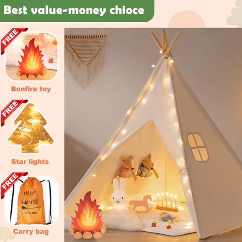 Tiny Land Kids Teepee Tent: With Lights & Campfire Toy, Washable Foldable Indoor Outdoor Play Tent for Girls & Boys