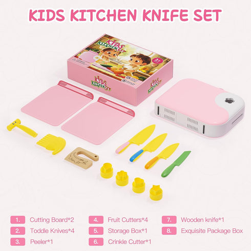 Set 3 4 5 6 7 8 Kids Kitchen Knife for Real Cooking with Storage Box Pink, Montessori Kitchen Toy with Cutting Board