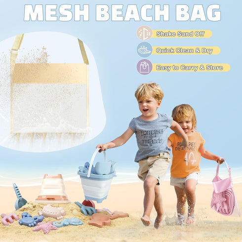 Set 3-10, 3 Pack Set Dreamon Beach Toys for Kids Collapsible Sand Buckets with Beach Molds and Mesh Bag, Shovels Sand