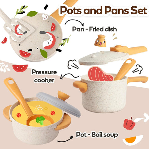 Set 3 4 5 6 HYAKIDS Play Kitchen Pots and Pans for Kids, Pretend Role Play Cooking Toys Gifts for Toddlers Girls Boys