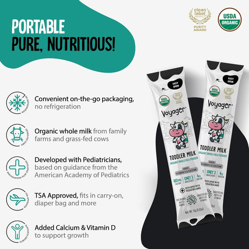 16 15g Voyager Toddler Milk On The Go, USDA Organic Shelf Stable Whole Milk Powder, Great for Travel, No Refrigeration