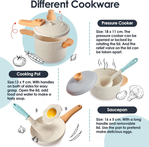 BUYGER Pretend Play Kitchen Accessories Set, Cookware Pots and Pans Cooking Utensils Playset for Kids
