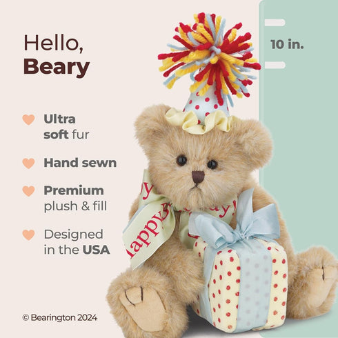 Bearington Happy Birthday Teddy Bear, Plush Stuffed Animal, 10"