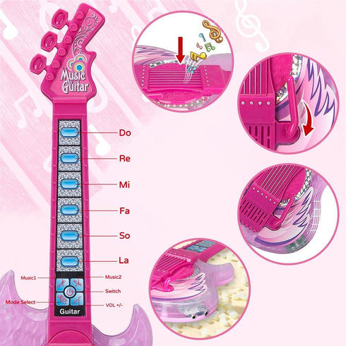 Set TAKIHON Guitar and Microphone for Kids,Guitar Toys with Music&Colorful Light,Adjustable Height Microphone