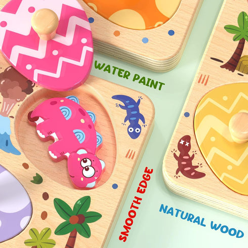8 Zeoddler Wooden Puzzles for Toddlers, Pcs Dinosaur Matching Egg Puzzle, Montessori Toys for Boy Girl Easter Birthday