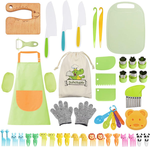 50PCS Kids Kitchen Cooking Set - Crocodile Wooden Kid Safe Knife Cutting