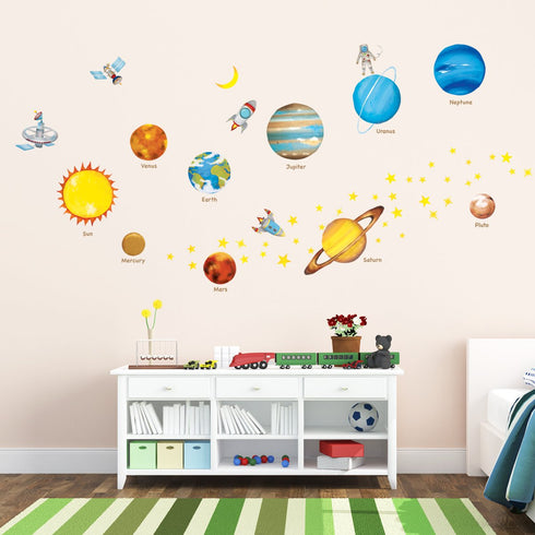 Decowall DS8-1307 Planets in The Space Kids Wall Decals, Peel and Stick Removable Stickers for Nursery