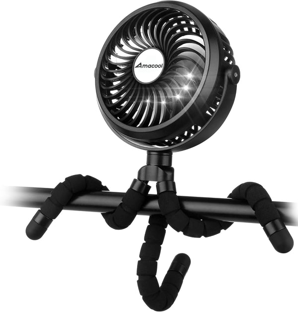 AMACOOL Battery Operated Stroller Fan, Flexible Tripod Clip On with 3 Speeds, Rotatable Handheld (Black)
