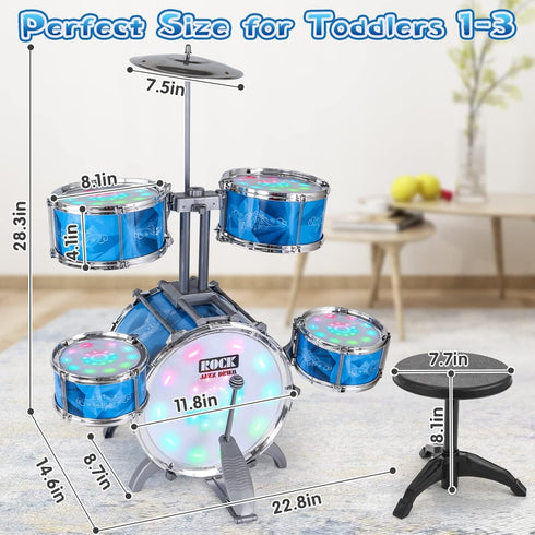 Kids Drum Set for Toddlers with 5 High Drums & Lights, Vibrating-Controlled Drum Kit Musical Instruments for Ages 1-5