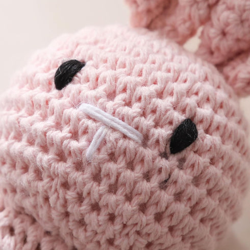 Wooden Baby Rattle, Crochet Bunny Rattle with Wood Ring, Newborn Animal Toy, Infant Pink Bunny Wood Rattle (Bunny-3)
