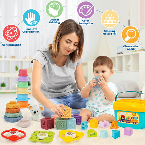 61218 1+ Montessori Toys for Babies Ages Months with Sensory Shape Sorter Matching Game Box Stacking Cups Soft Ring
