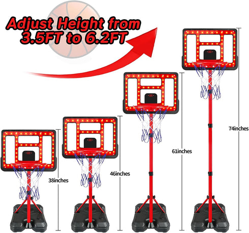 Kids Basketball Hoop Adjustable Height 3.5FT-6.2FT, Indoor & Outdoor with Scoreboard & LED for Ages 3-8