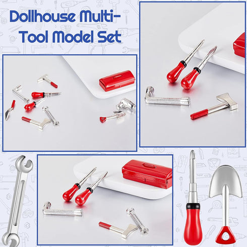 10 Pieces Mini Dollhouse Tool Set, Includes Red Tin Box, Outdoor and Repair Tools