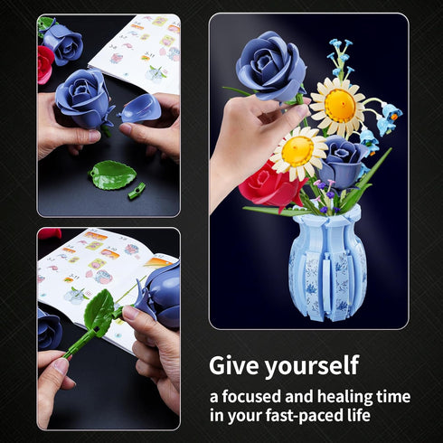 Zsiikrn 787PCs Set Building Blocks Flower Bouquet Kit - Creative Construction with Purple/Red Roses, Sunflowers