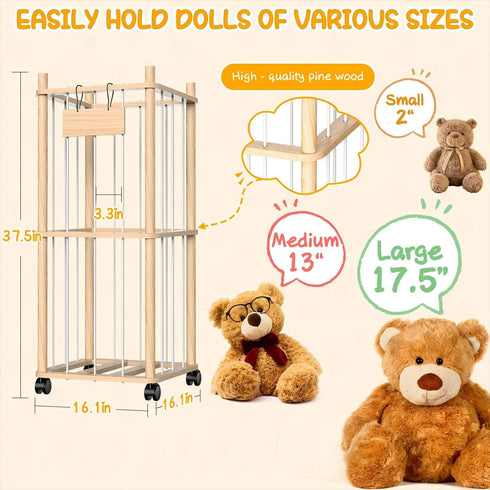 Belveora 2 Stuffed Animal Storage Organizer, Wooden Plushies Toy Zoo Holder with Wheels, Large Capacity Storage Tower