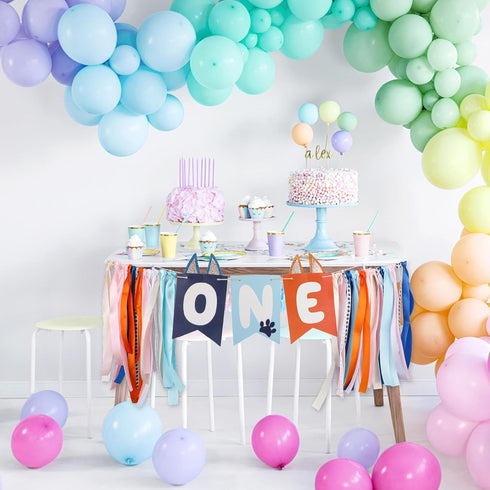 Gosknor Light Blue Navy Brown Orange First Birthday High Chair Banner, Cute Puppy Paw Print Highchair Garland, One