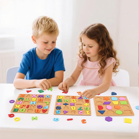 3-5, Pack 3 3 4 5 Alphabet Wooden Puzzles for Toddlers of ABC, Number and Shape Puzzle, Preschool Educational Learning