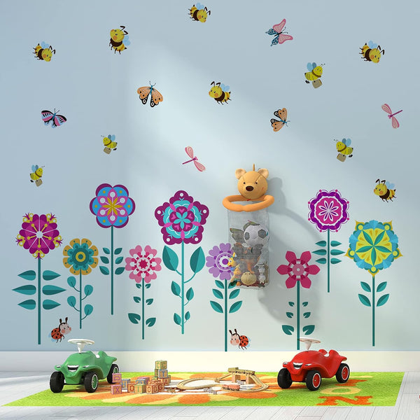 Colorful Butterfly Bee Dragonfly Flower Wall Decals, Peel and Stick Floral Wall Decor for Kids Room Nursery