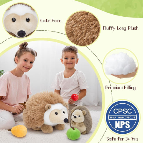 Set, 4 16" MaoGoLan Magnetic Hedgehog Plush Toys Family Mama & Baby with Fruits - Soft Stuffed Animals for Imaginative