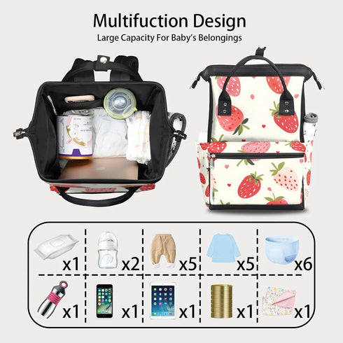 Hsnar Backpack Fruit Strawberry Heart Waterproof Diaper Bag Large Capacity Baby Bag with Stroller Straps, Multi-Pocket