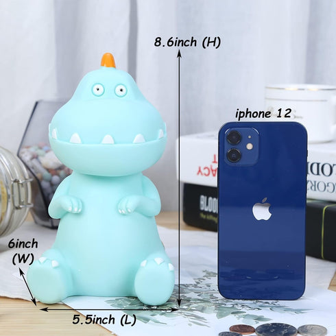 H&W Dinosaur Money Bank (Blue), Shatterproof Tyrannosaurus Rex Piggy Bank, First Coin Bank for Kids, Best Christmas