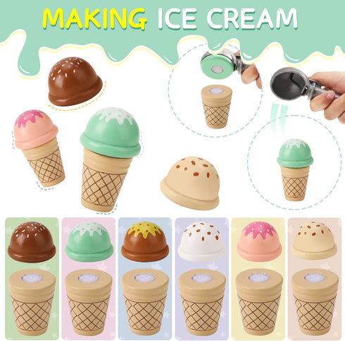Peccvon Counter Playset 3 4 5 6 Wooden Ice Cream Toys for Kids Pretend Play Kitchen Food Toys with Scoop & Menu & Fake