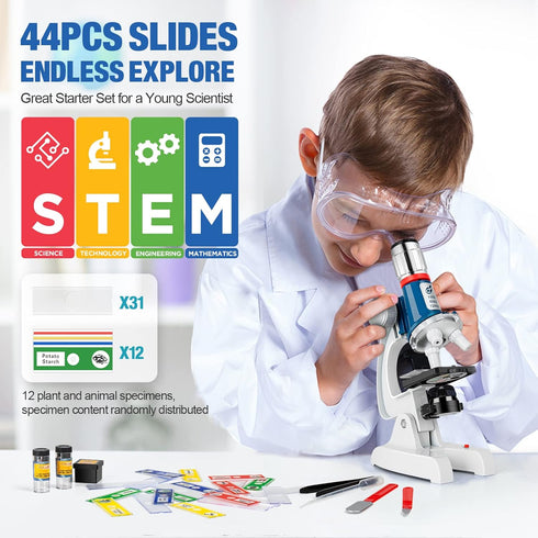 58-Piece Kids Microscope Kit - 100X-1200X Magnification with LED Light and Carrying Box for Ages 5-12