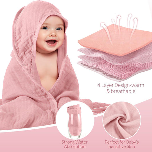 4 Towels,32"x 32" Preboun Pcs Muslin Hooded Baby Cotton Newborn Bath Towel Muslin Infant Baby Blankets Absorbent Unisex