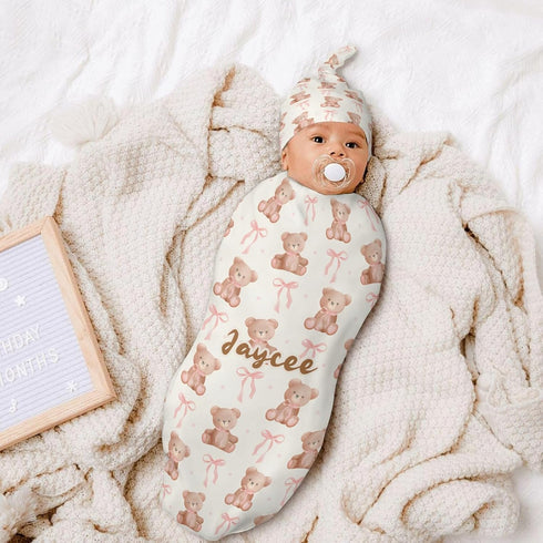YallLocoMo Personalized Baby Swaddle Blanket for Boys Girls Tdeey Bear Pink Bow Custom Name Receiving Soft Blanket