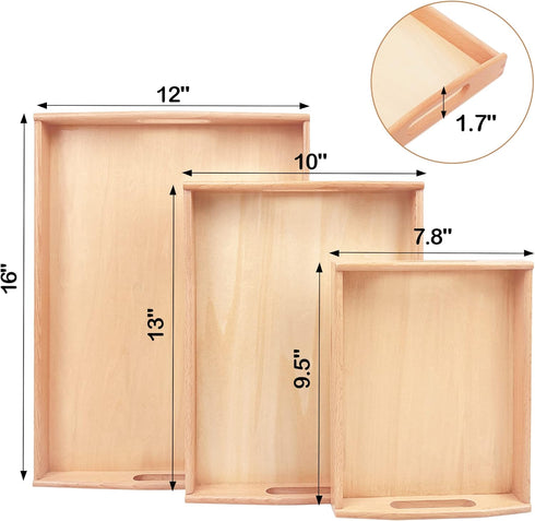 Montessori Wooden Trays with Handles - 3 Pack Small, Medium, Big Quality Wood Trays for Kids Activities, Toy Storage