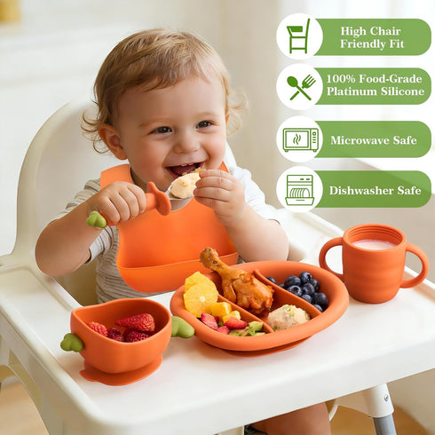 Cozy Rock Set, Set 2-in-1 Silicone Baby Feeding Carrot Design BLW Toddler Feeding with Suction Plate & Bowl, Bib, Fork