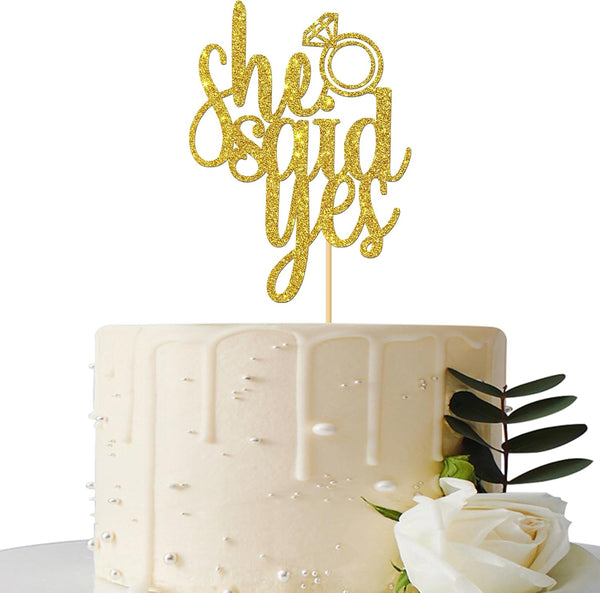 Gold Glitter She Said Yes Cake Topper for Engagement, Bridal Shower, Wedding Shower, Proposal, Bachelorette Party