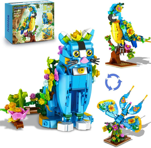 PLAXSOON Flower Cat Building Set, 3 in 1 Floral Parrot Butterfly Animal
