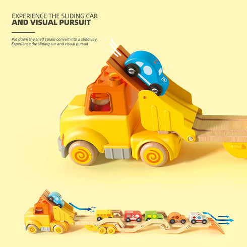 Toddler Toys for 2-5 Years Old, Transport Car Carrier Truck with 6 Wooden Vehicles, 30in Foldable Track Trailer